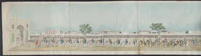 Original water-color painted scroll by a Company artist showing a state procession with mounted soldiers and band, horse artillery, elephants with howdahs, camels, conveyances, etc., against a background of buildings and spectators; captioned in English.