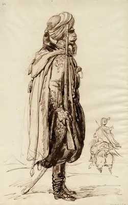 Original sepia drawing, unsigned (by Lalaisse), numbered 42; standing uniform figure in profile with turban, cloak and gun, smaller mounted figure (rear view) in right background.