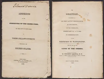 Between December 1823 and Washington’s birthday in February of 1824, visual and written accounts from the Mediterranean inspired many patriotic Americans to plan public events designed to raise financial support for the Greek War of Independence. Some adopted carnival-like themes, such as a “fancy dress ball” held in New York and similar events in Boston. Churches hosted special services addressing the Greek cause, which concurrently celebrated Washington’s birthday, across Virginia and Rhode Island. Popular literature, including odes like the one in the featured oration, portrayed Ottoman Turks as Muslim enemies of liberty while casting the Greeks as Christian victims of enslavement. Americans further related their political identities to that of the ancient Greeks and saw themselves (and contemporary Greeks) as heirs to an ancient political tradition of liberty and self-government. This rhetoric drew on themes that Americans associated with their own revolution and roused their empathy to come to the Greeks’ aid.