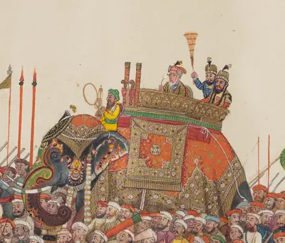 Original gouache panorama on long scroll, finely executed and heightened in gold depicting a procession including elephants and camels with howdahs, numerous attendants with banners, some leading animals including a leopard, litters and litter-bearers; British officers and officials riding an elephant; Arabic captions below figures.