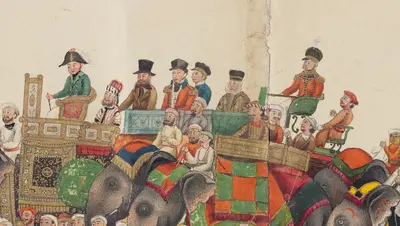 Original gouache panorama on long scroll, finely executed and heightened in gold depicting a procession including elephants and camels with howdahs, numerous attendants with banners, some leading animals including a leopard, litters and litter-bearers; British officers and officials riding an elephant; Arabic captions below figures.