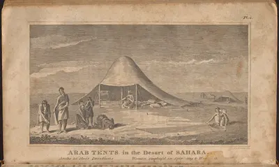 Many memoirs and fictionalized accounts of Barbary captivity sensationalized their experiences and focused on the exoticizing aspects of their captors’ society, piquing early interest in Algerian dress and regional methods of costume production. Despite varying widely in accuracy, these narratives helped shape American views of the Barbary states and contributed public support for government actions, like the dispatch of naval forces to the Mediterranean. These publications provide insights into daily life in Ottoman North Africa, such as traditions of various religious demographics in the region. Some document ceremonies like “A Jewish Circumcision” or Muslim prayers, pictured in this engraving. Others preserve rare images of indigenous textile crafts, like the wool-spinning and hand-weaving practiced by women on a plate depicting Arab tents in the Sahara.