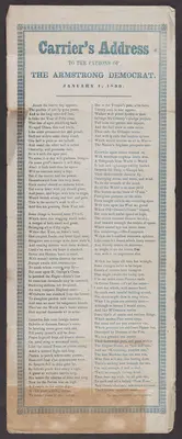 Poetry printed in blue in two columns divided by single line within border of type ornaments.