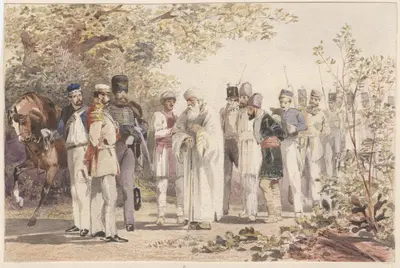 King of Delhi captured and surrounded by soldiers in forest. One of a collection of 21 mounted original unsigned watercolor and wash drawings.