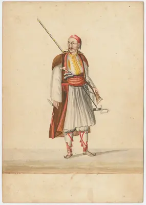 Turkish cavalryman in decorative russet jacket and pantaloons, wearing scimitar with back to viewer