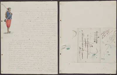 In this letter to a “dear friend” from a soldier stationed in Algeria, the writer alludes to early interest in Zouave dress merely a year after the conquest of Algiers. He relates, “You have expressed to me the desire to become acquainted with the uniform of the Zouaves; I have modeled it from life.” Fulfilling his friend’s desire, the writer includes a skillful watercolor of a Zouave, packed and ready for his marching orders in the left margin along with a description of his distinctive pantaloons and the braided cord trim of his jacket.