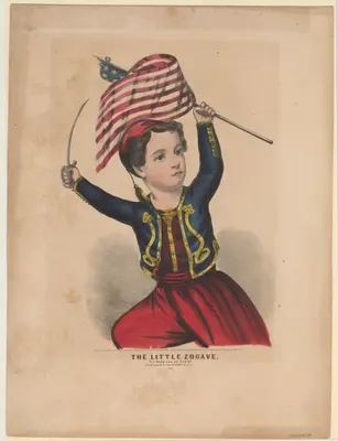child in zouave costume, 3/4-length, waving flag and small sword.
