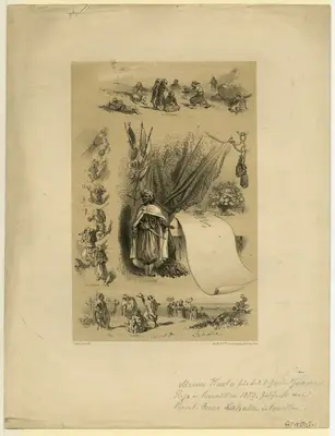 Menu-card with central figure of Zouave before draperies with border of zouave and colonial scenes.