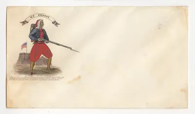 New York Zouave stands in front of a fort with the Union flag flying, holding a rifle. Under is an inscription: "Entered according to act of Congress in the Year 1861 by F.K. Kimmel 59 Nassau St. N-Y in the Clerks Office of the District Court for the Southern District of New York."