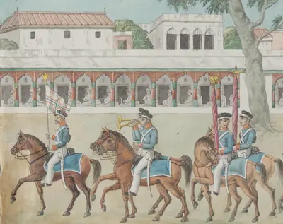 Original water-color painted scroll by a Company artist showing a state procession with mounted soldiers and band, horse artillery, elephants with howdahs, camels, conveyances, etc., against a background of buildings and spectators; captioned in English.