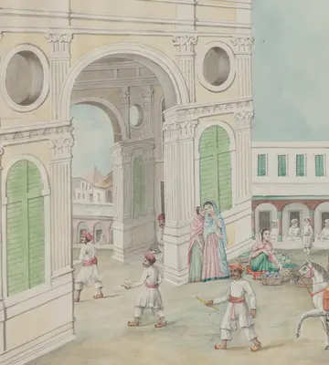 Original water-color painted scroll by a Company artist showing a state procession with mounted soldiers and band, horse artillery, elephants with howdahs, camels, conveyances, etc., against a background of buildings and spectators; captioned in English.