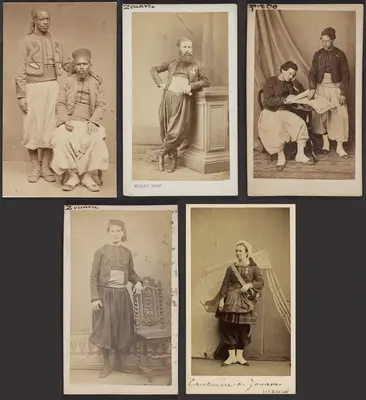 Cartes-de-visite were commonly traded among friends and visitors in the 1860s. The albums that collected and displayed these cards became a common fixture in Victorian parlors. Their relatively low cost contributed to the popularity of the format and its rapid adoption worldwide, which made portrait photographs accessible to a broader demographic. The cards also made the ideal way to remember loved ones fighting in foreign wars, making soldiers frequent clients at photography studios. Prior to the advent of mechanical reproduction of photographs, cartes-de-visite facilitated the dissemination and collection of portraits of prominent persons as an early form of celebrity culture. It is uncertain whether these photographs were given as personal portraits between familiars or as character types of ethnic groups serving in the French Army, which was also a common use of these carte-de-visite, akin to earlier costume album paintings.

All of these cartes-de-visite feature Zouave uniforms, yet only the one portraying Turcos was definitively photographed by a studio in Algiers. Part of the appeal of this cross-cultural uniform was how intentionally difficult it became to discern the ethnic origins of a soldier with certainty (though the titles tirailleurs and turcos often indicated troops of North African descent). Likewise, the popularity of Zouave soldiers — and the women who served as cantinières, or canteen keepers, and who sometimes fought alongside them in battle — spurred many French consumers and performers, including female burlesque dancers, to dress in Zouave costumes for studio portraits. Though a highly exoticizing use of regional fashion, the rising numbers of commercial portraits of civilians donning Zouave costumes attest to how these soldiers and the visual traces of colonization had infiltrated the popular imaginations of French consumers.