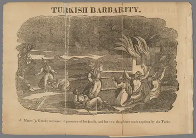 Greek captive narratives circulated as wartime propaganda in the northeastern United States, the American region most involved in Mediterranean trade. This account relates the experiences of Sophia Mazro, a Greek woman taken prisoner with her daughters and enslaved by the Ottomans. The text emphasizes Mazro’s Christian faith in the face of threatening calls for conversion and the humanitarian horrors she endured. Such accounts — ranging from authentic to fictional — were printed to raise funds to support Greek independence against the Ottoman Empire. This volume later features the published letters of Dr. Samuel Gridley Howe, whose portrait hangs above, as further proof of the atrocities from an American military volunteer and eyewitness. The story’s setting of Missolonghi held significance for the philhellenic movement in Europe and America. The poet Lord Byron died there in 1834. Two years later, the town endured a massacre by the Ottomans, commemorated in Greece on the Ruins of Missolonghi, an 1826 painting by Eugène Delacroix.