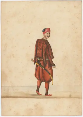 Turkish cavalryman in decorative russet jacket and pantaloons, wearing scimitar with back to viewer