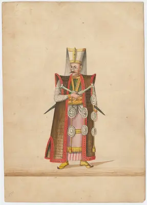 Turkish cavalryman in decorative russet jacket and pantaloons, wearing scimitar with back to viewer