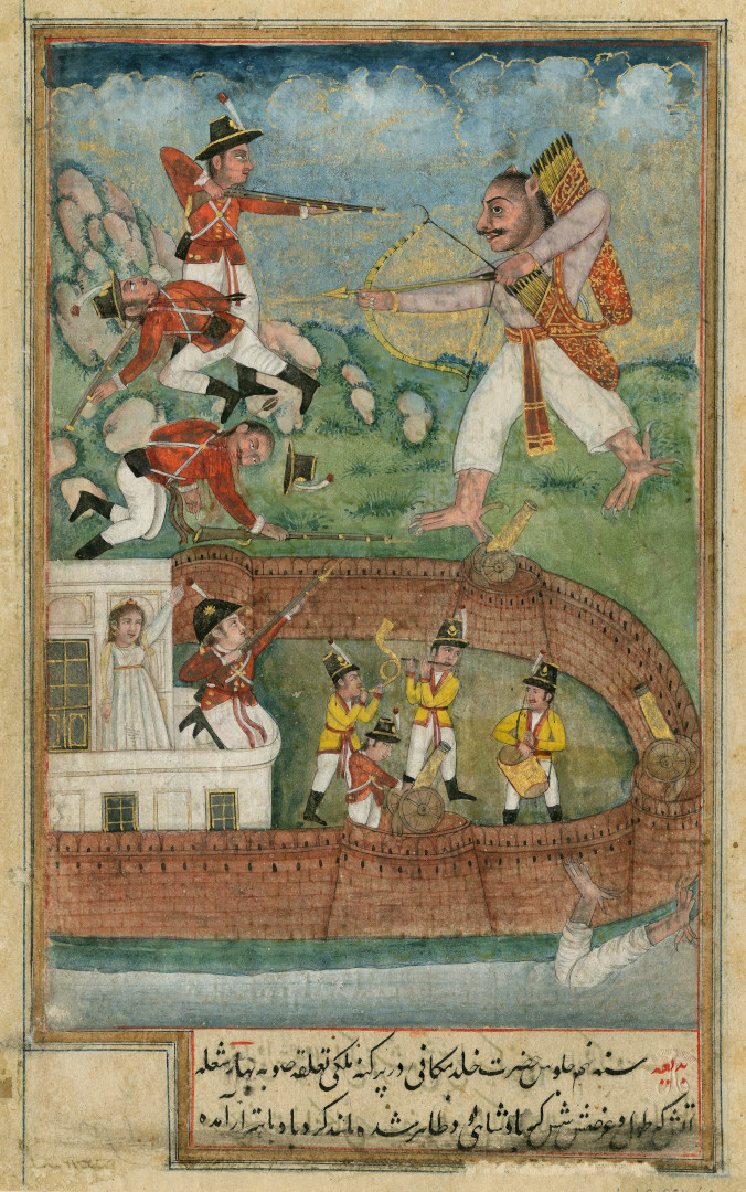 an archer dressed in Indian costume fighting British soldiers in red coats.