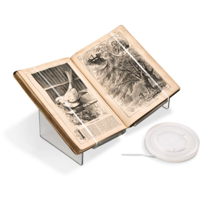 an open book on a Plexiglas stand