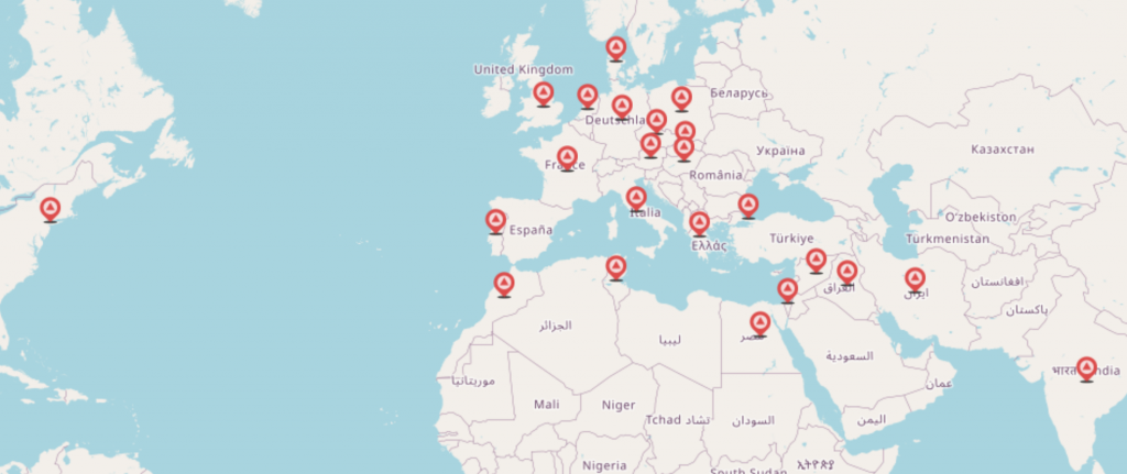 world map with pins in the 25 locations from which we have Haggadot