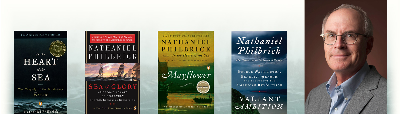 Book covers for In the Heart of the Sea, Sea of Glory, Mayflower, and Valiant Ambition