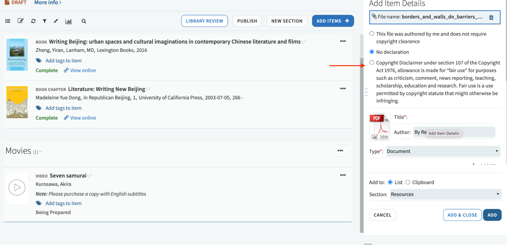 enter a brief citation for what you are uploading