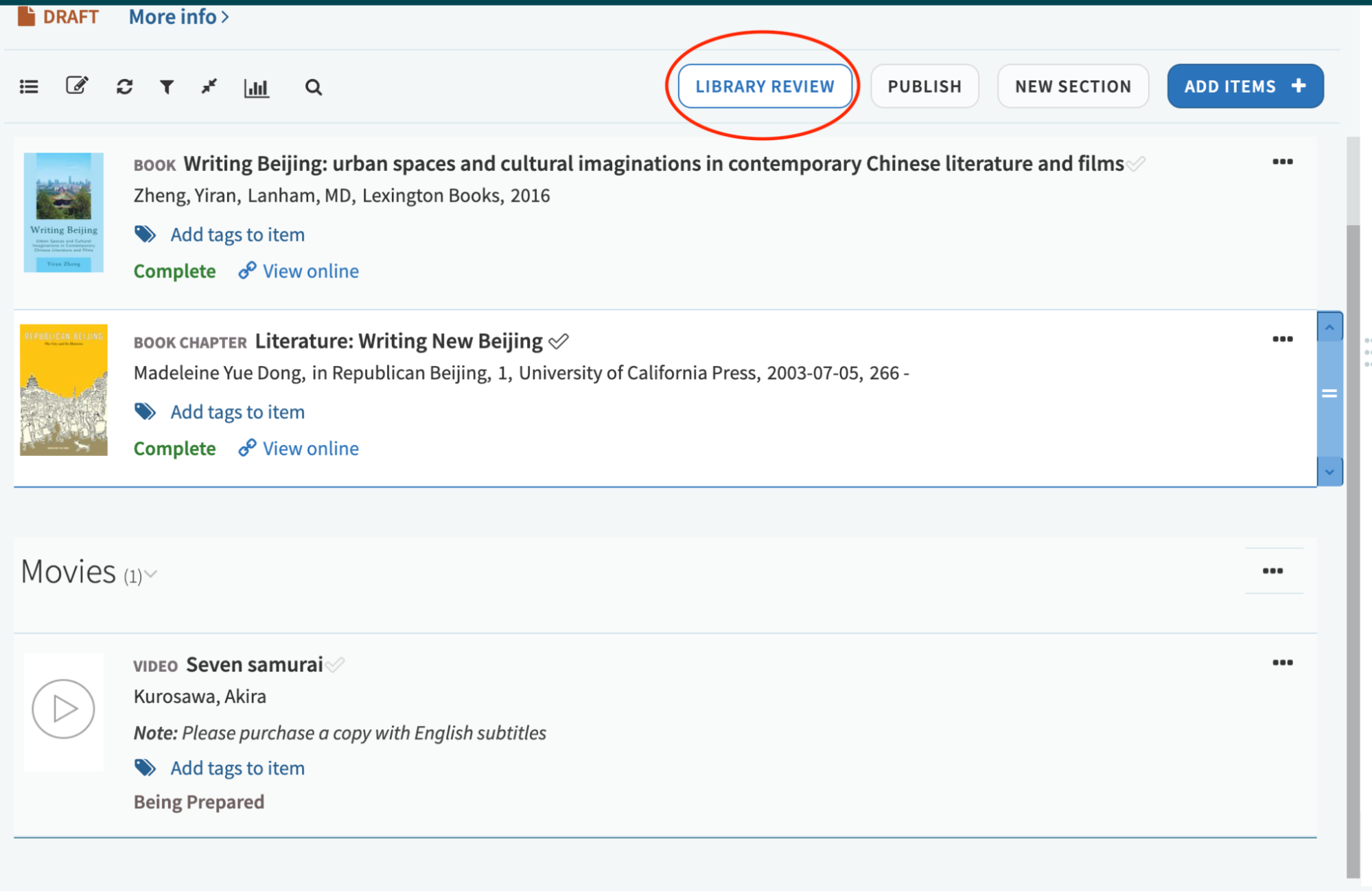 go to the top of the page and select Library Review