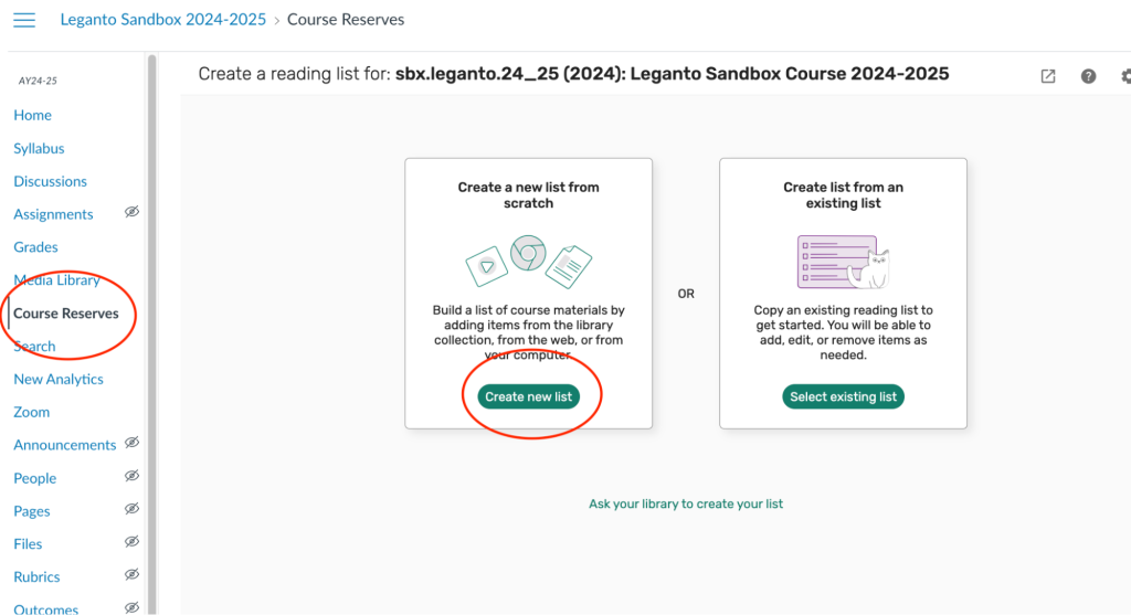 select Course Reserves, then select Create a new