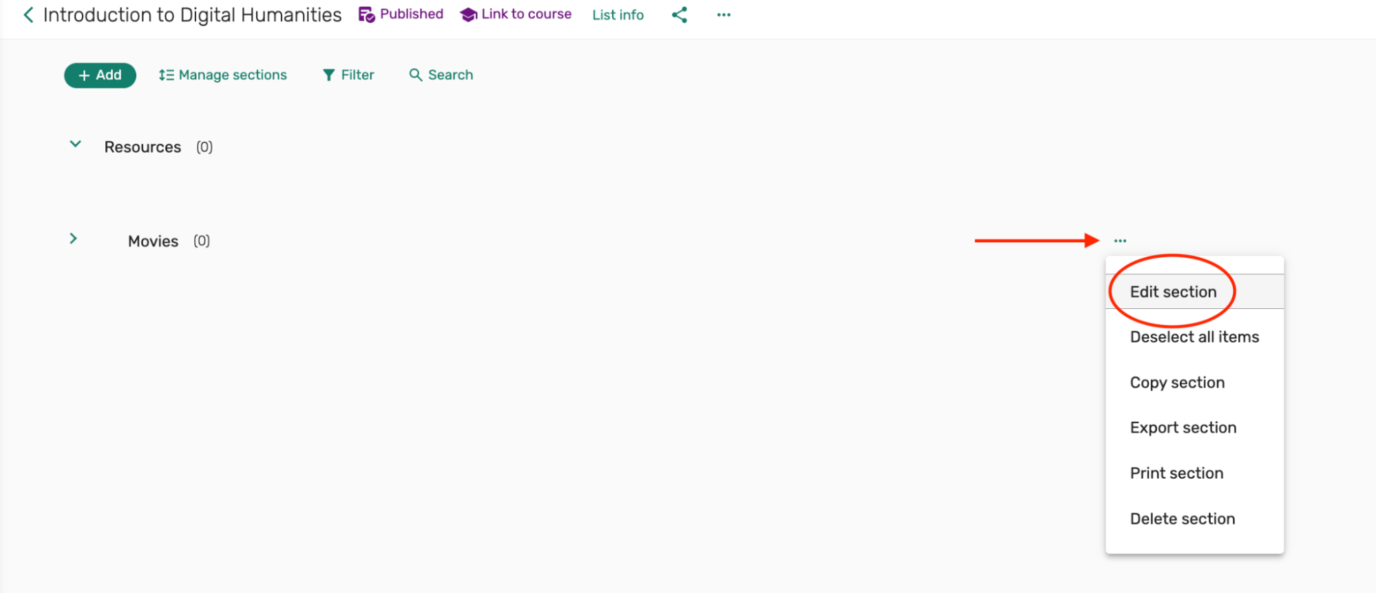 select the ellipsis to the right of the section name and select Edit section