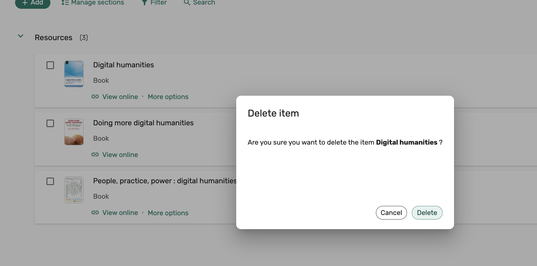 screen asking for confirmation to delete item