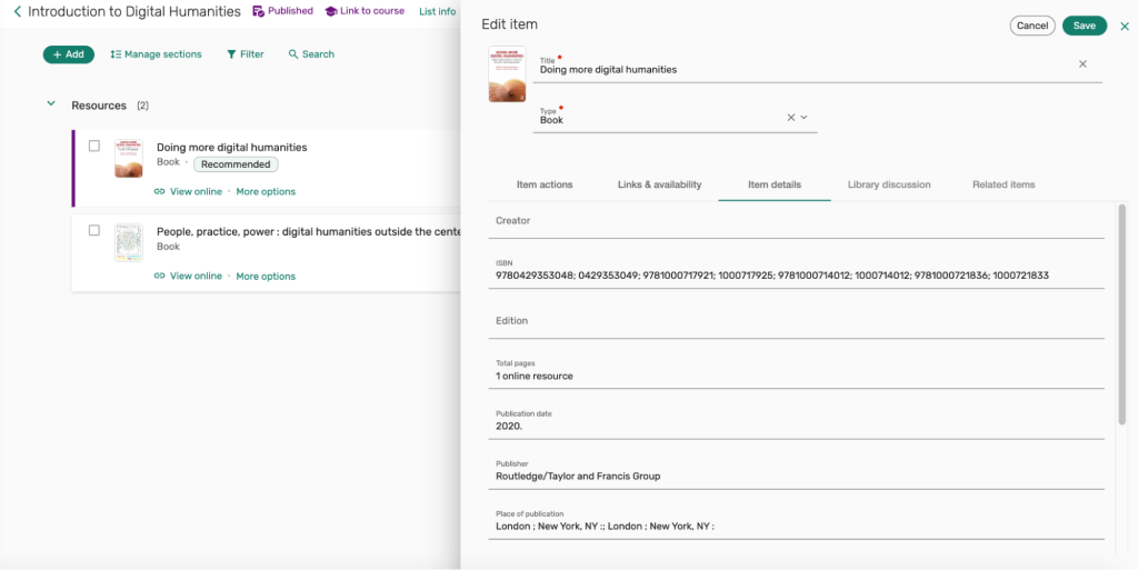 two screens, one Resources list, another showing citation information options