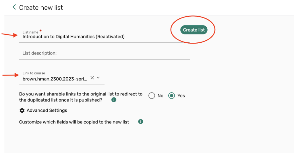 edit options, List name and Link to course, then select Create list 