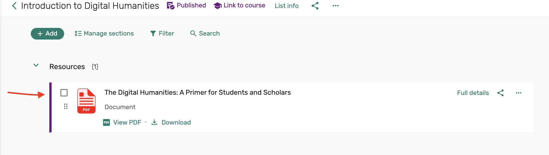 Resource screen, displaying The Digital Humanities: A Primer for Students and Scholars