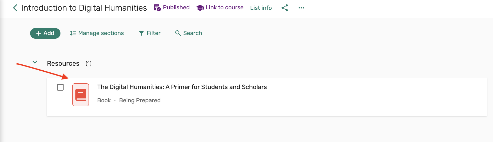Resource screen, displaying book The Digital Humanities: A Primer for Students and Scholars