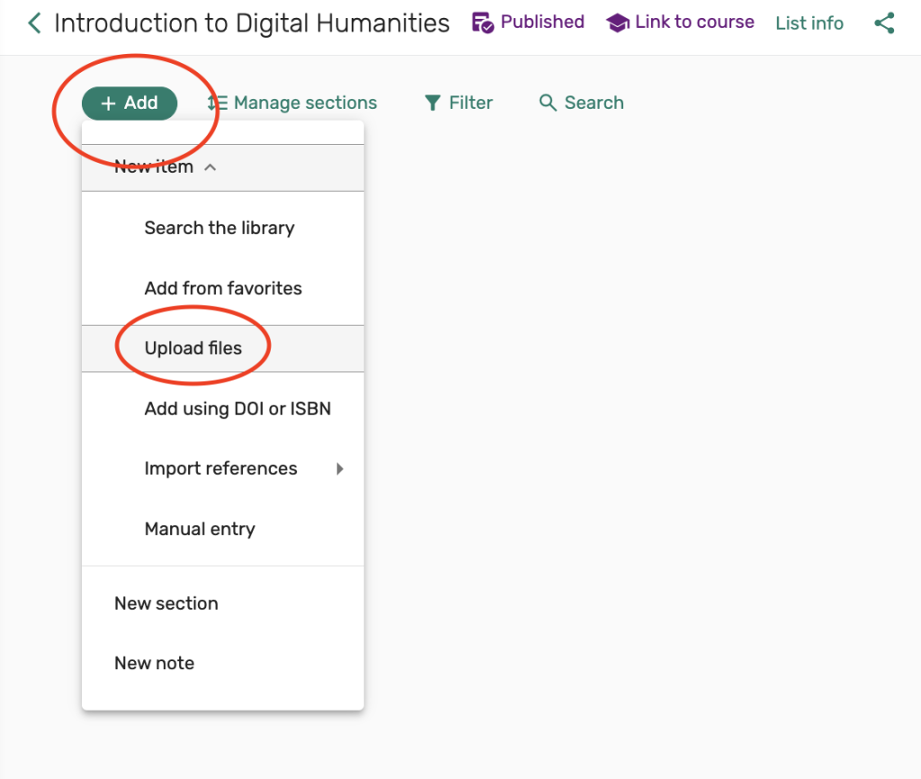 select Add button opens options dropdown menu, select Upload files