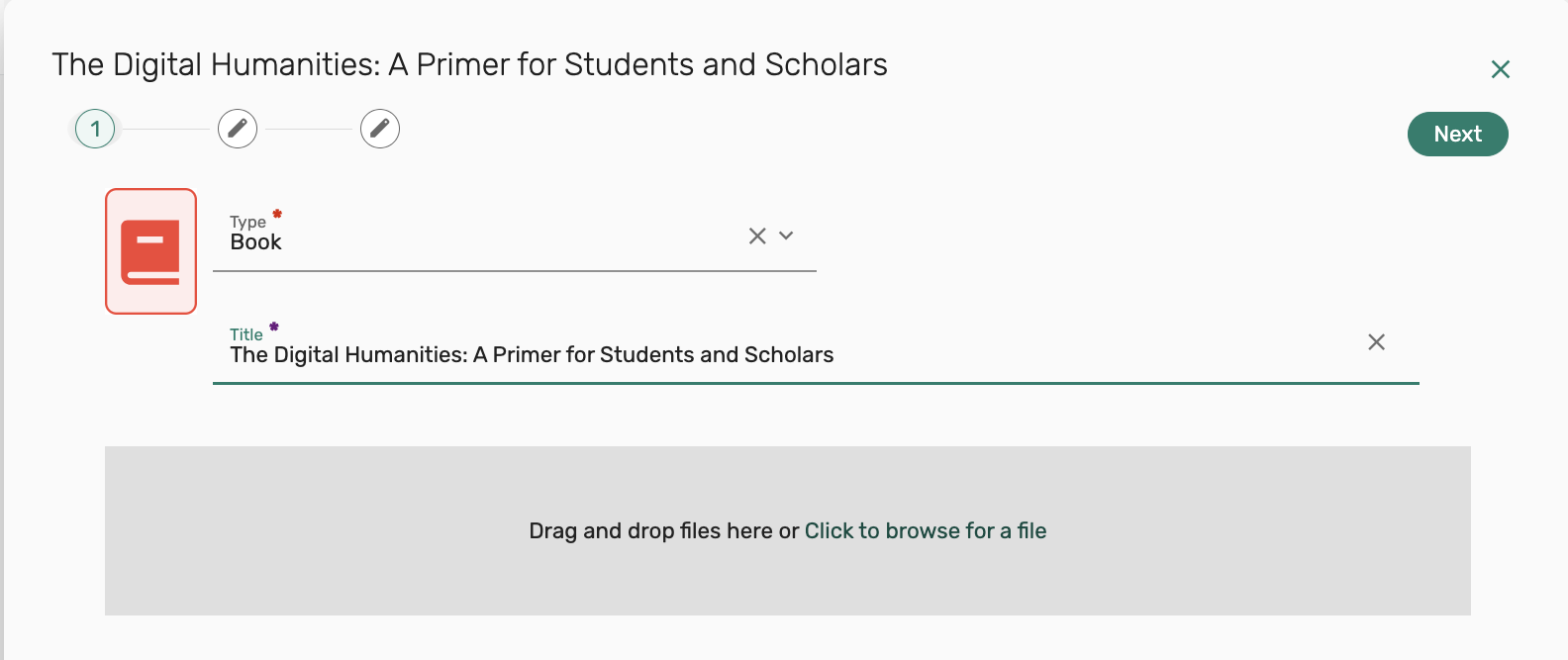 Manual entry screen, enter Type and Title Title then select Next button