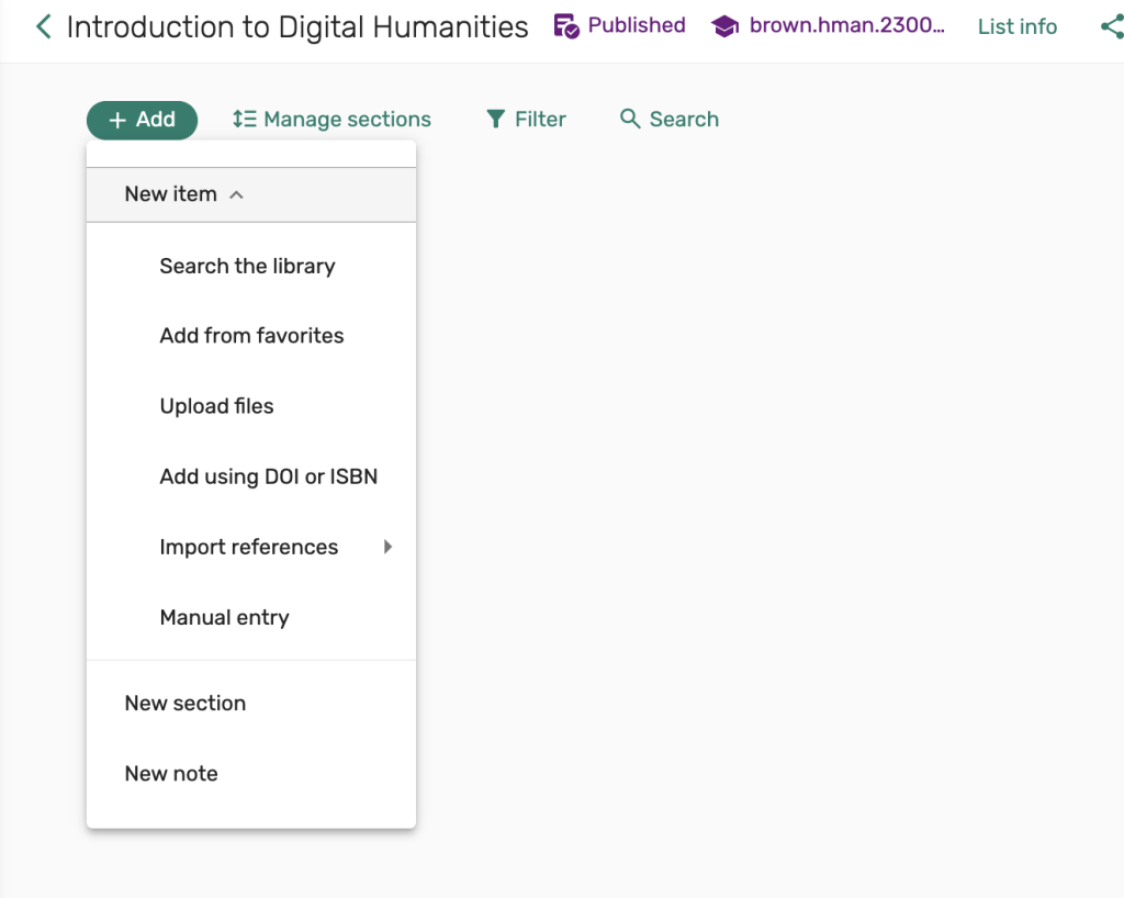 select Add button opens options dropdown menu