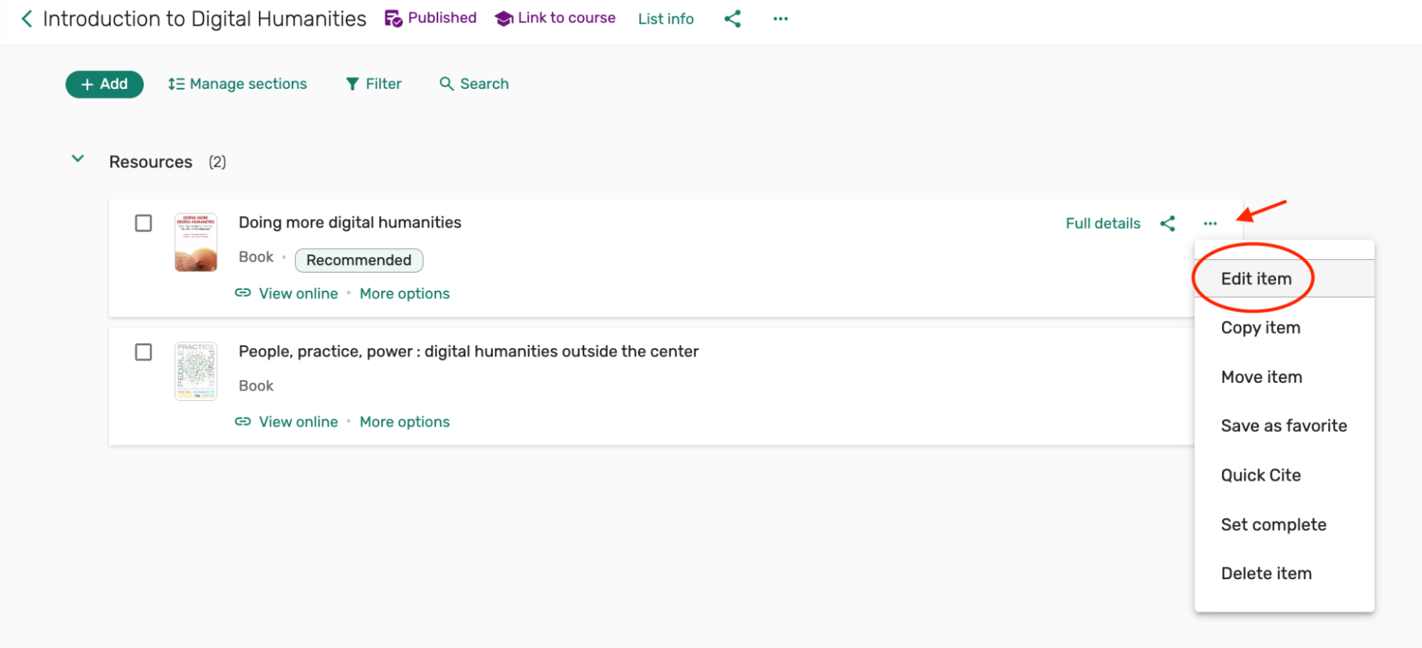 Resources screen with list of items, select the ellipsis on the right of an item, select Edit item