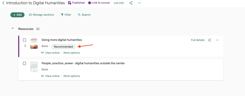 Resources screen displaying tagged item