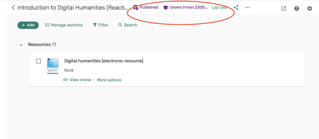 top dashboard displays Published link and link to student profile
