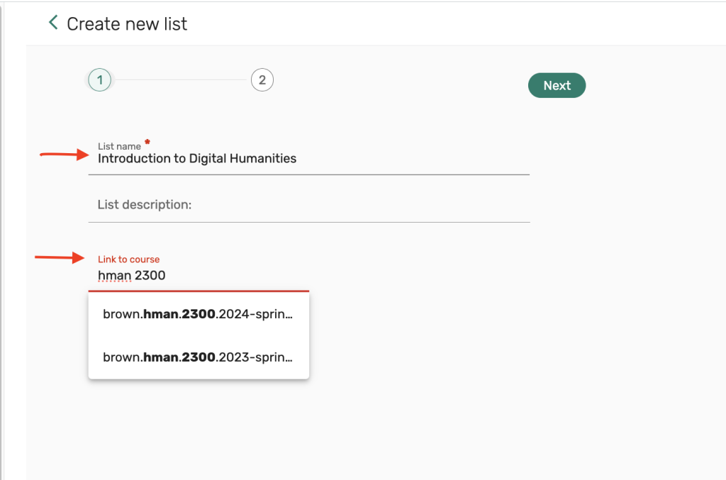 edit options, List name and Link to course, then select Next button