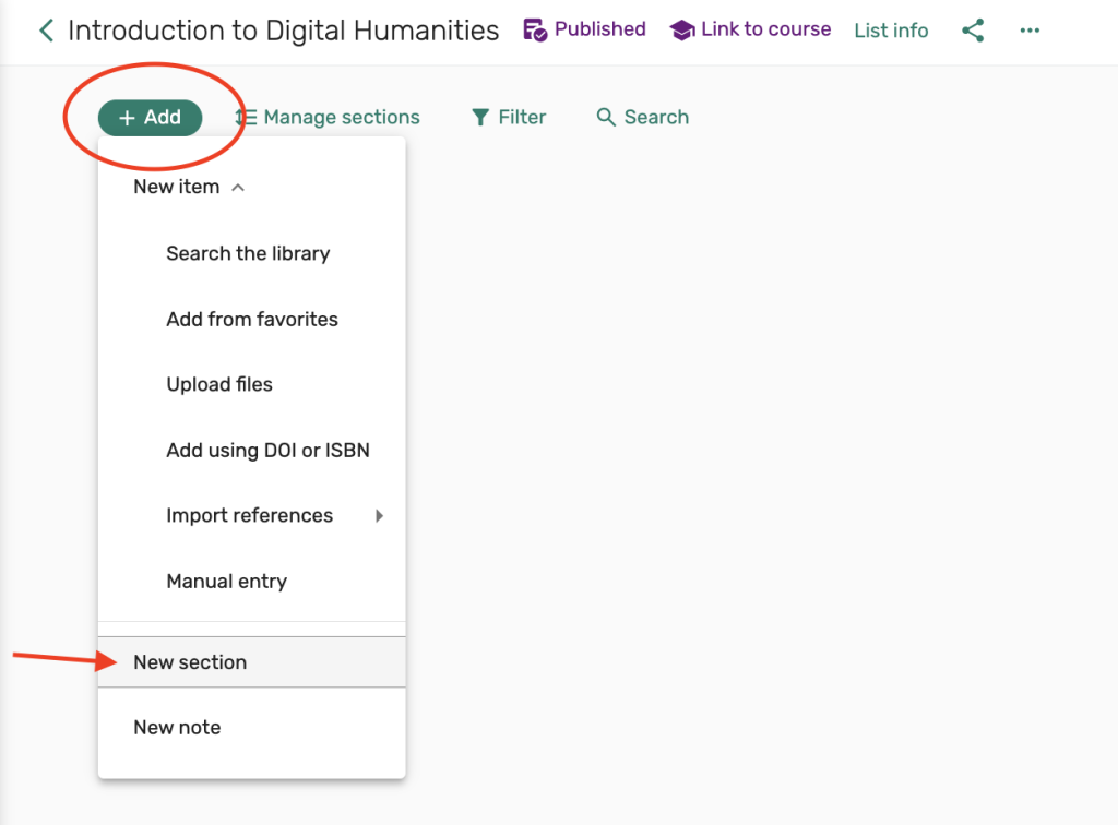 select Add button opens options dropdown menu, select New section