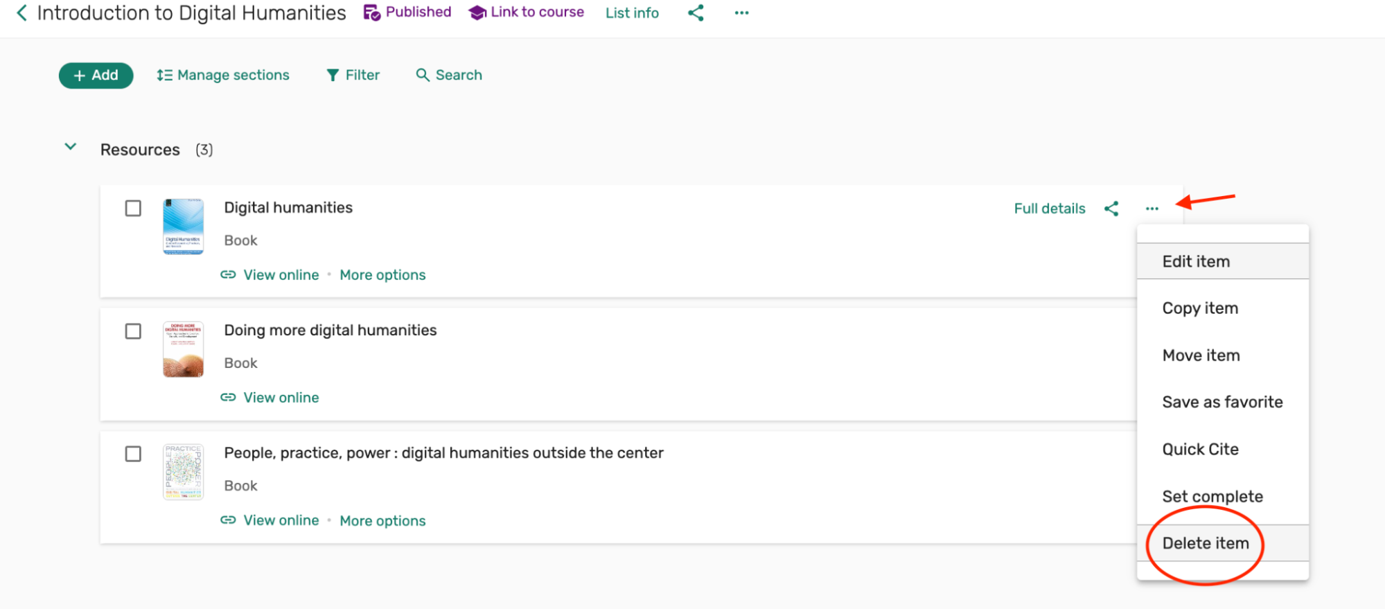 Resources screen with list of items, select the ellipsis on the right of an item, select Delete item
