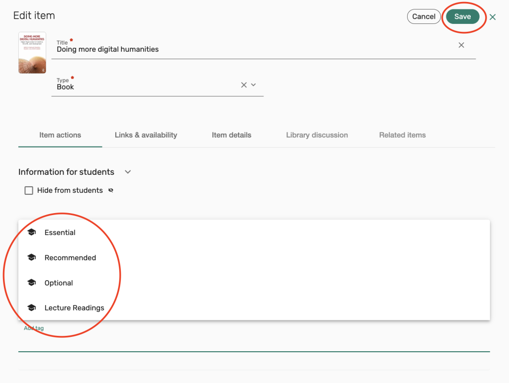 Edit item screen, select Tag from Tag list, then select Save button