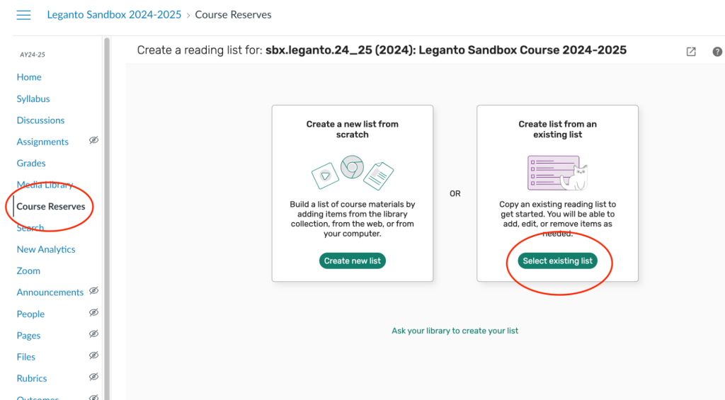select Course Reserves, then Select existing list
