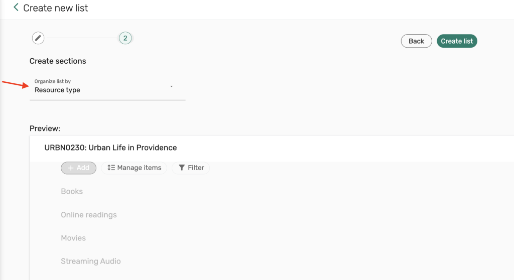 select options like Create sections, then select Create list