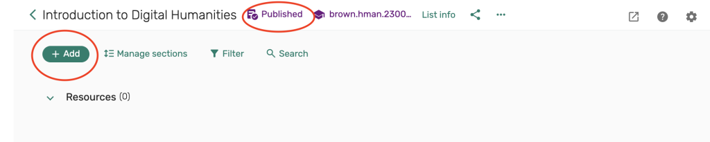 top dashboard displays Published link, select Add button