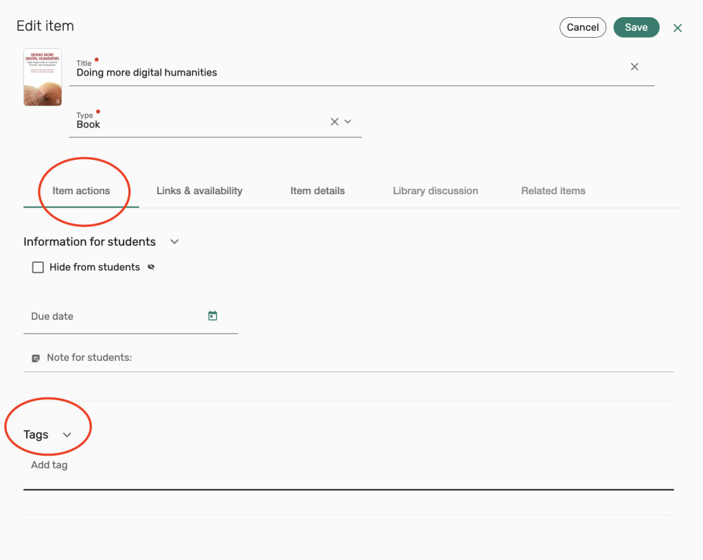 Edit item screen, select Item actions, and Tags