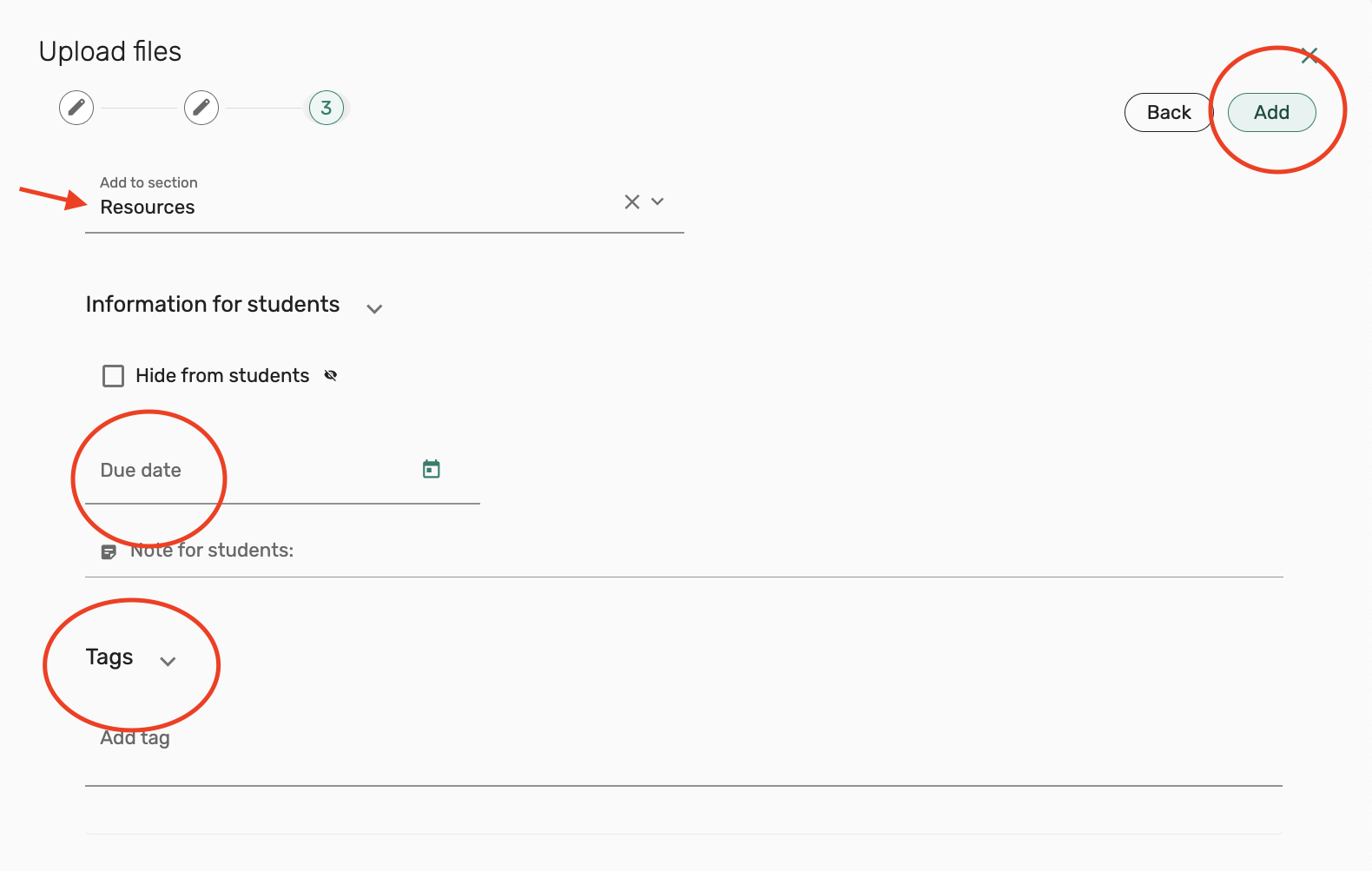 Options screen displaying additional fields, Add to section, reading Due date, and Tags, then select Add button 