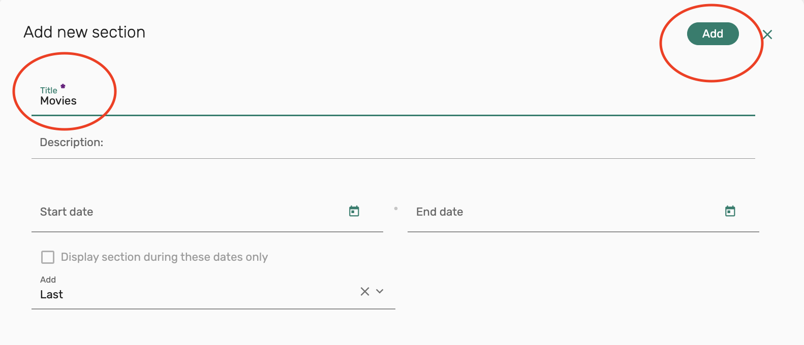 enter section Title, Movies, then select Add button