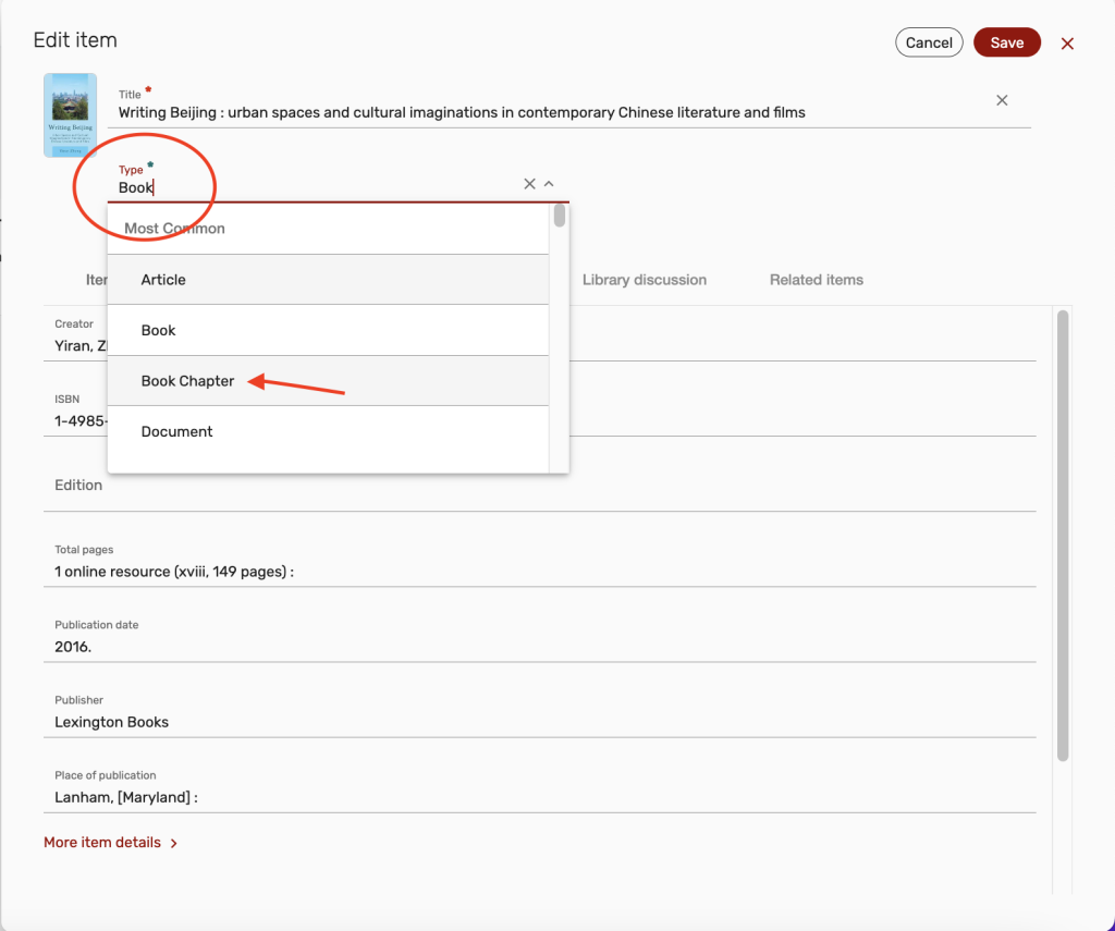 change Type from Book to Book Chapter, in dropdown menu