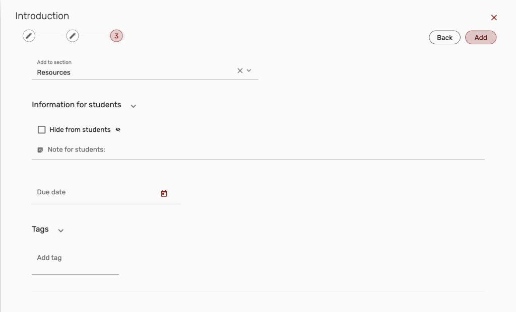Options screen displaying Add to selection, reading Due date, and Tags, then select Add button 